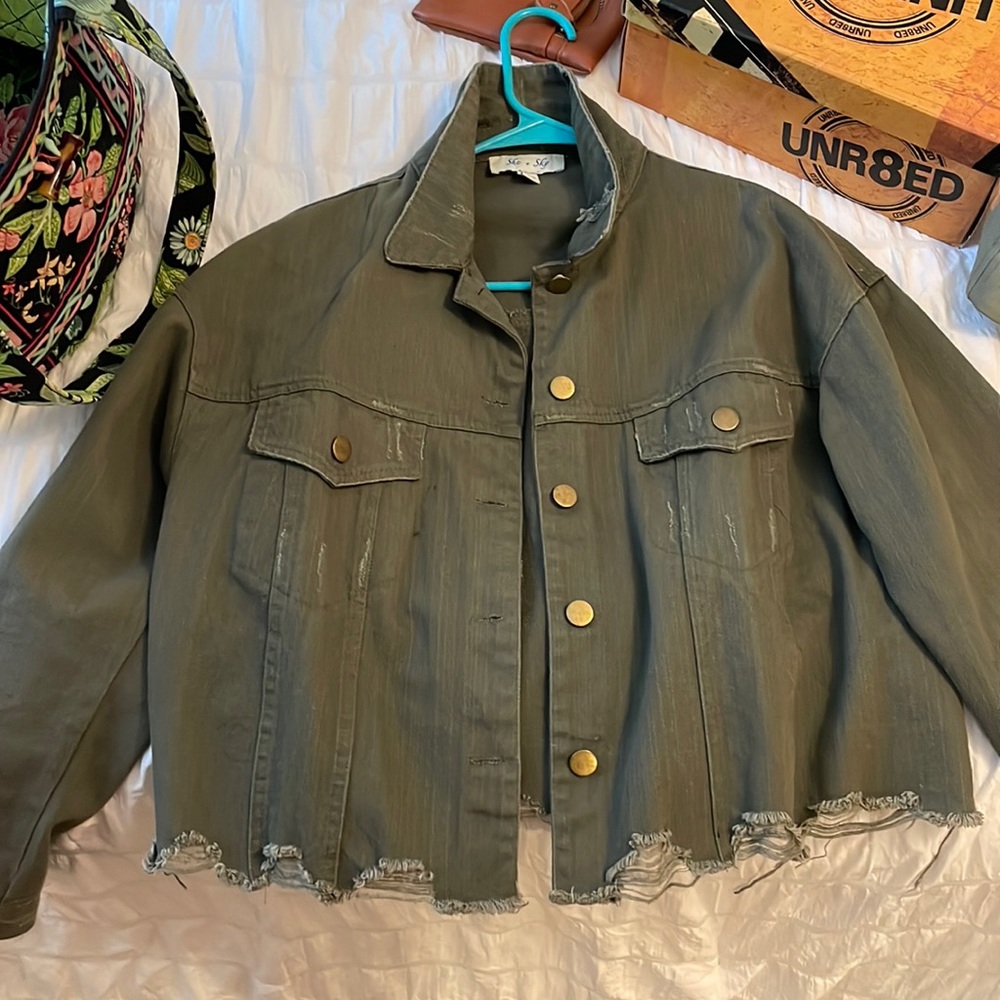 Army green cropped Jean jacket